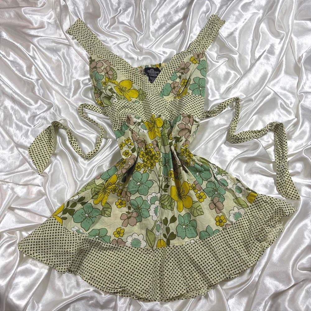 y2k Tunic Top Yellow Excellent Floral Polka Dot Cotton Babydoll Angie L